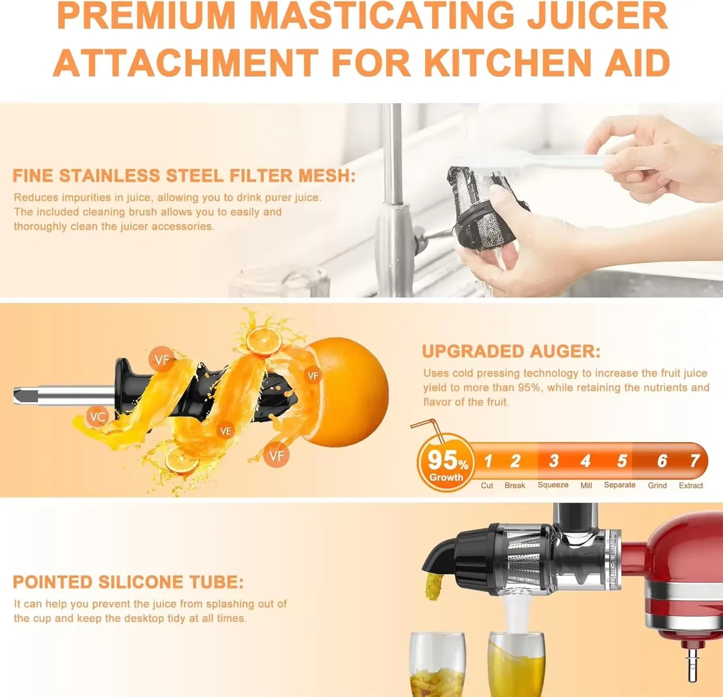Masticating Juicer Attachment for Kitchenaid Stand Mixer, Slow Juicer Attachment with Silicone Tube and Cleaning Brush