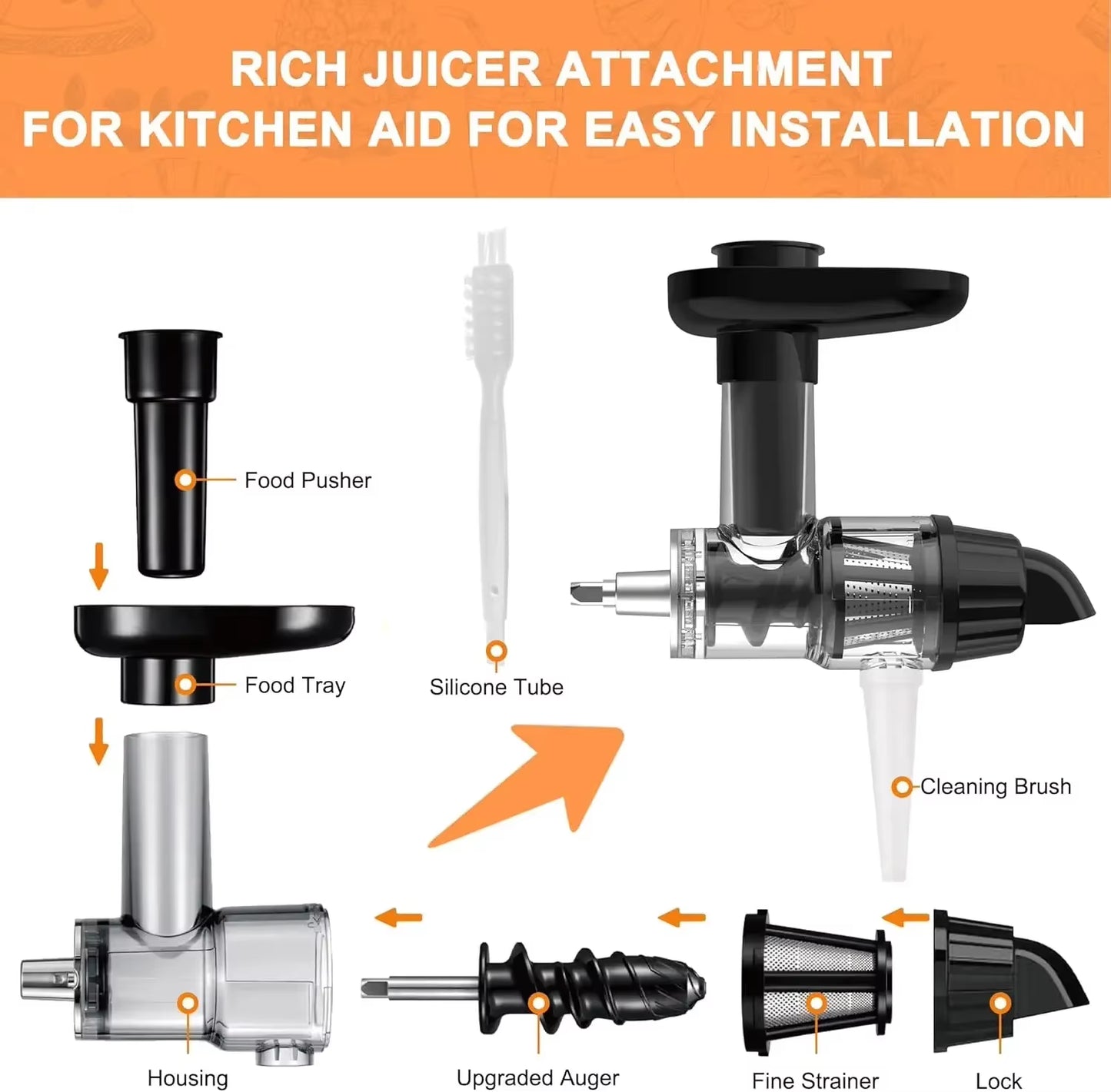 Masticating Juicer Attachment for Kitchenaid Stand Mixer, Slow Juicer Attachment with Silicone Tube and Cleaning Brush