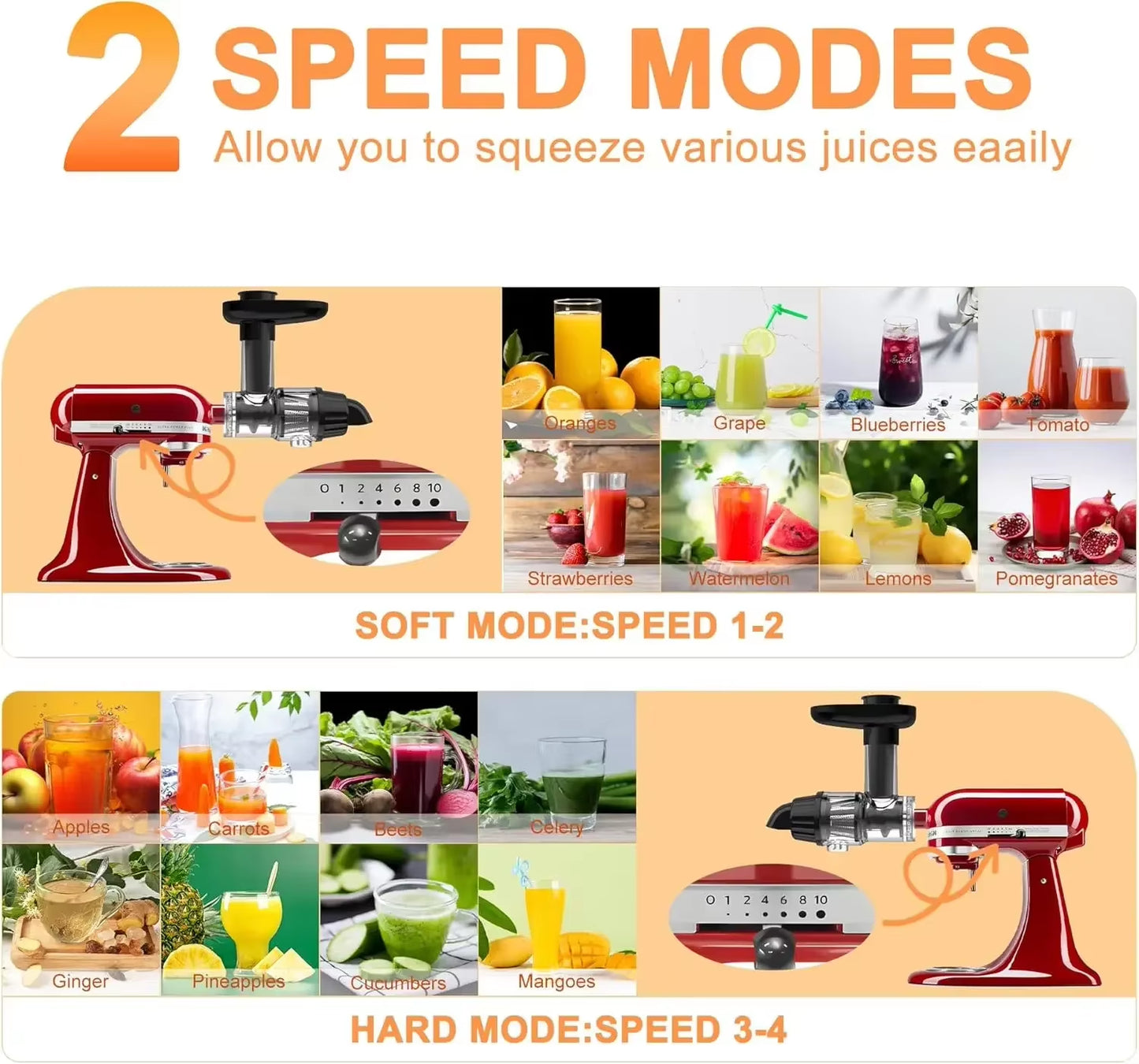 Masticating Juicer Attachment for Kitchenaid Stand Mixer, Slow Juicer Attachment with Silicone Tube and Cleaning Brush