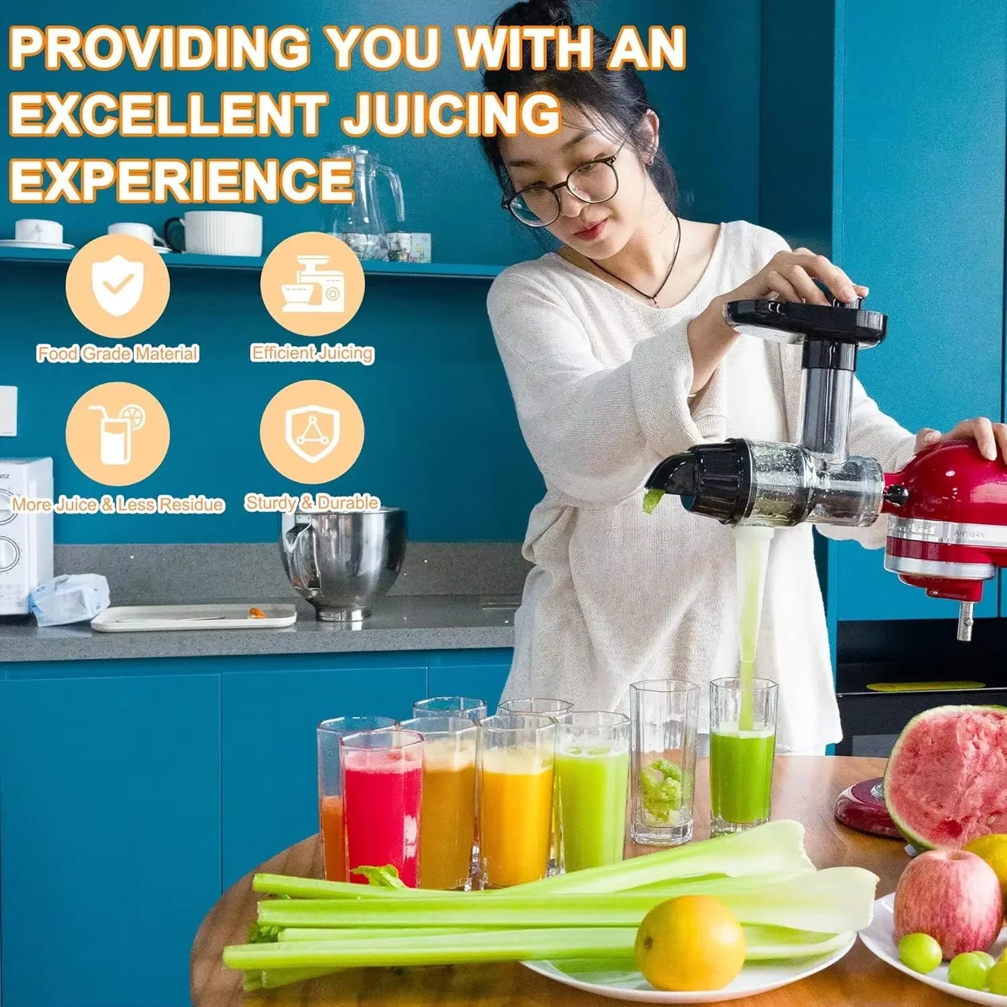 Masticating Juicer Attachment for Kitchenaid Stand Mixer, Slow Juicer Attachment with Silicone Tube and Cleaning Brush