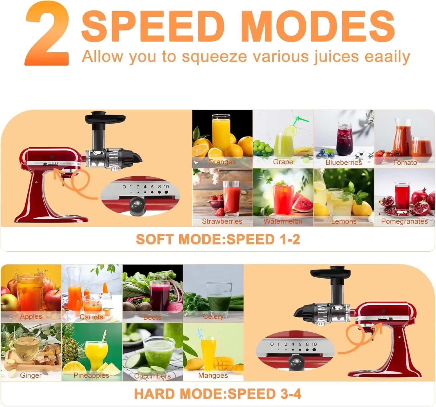 Masticating Juicer Attachment for Kitchenaid Stand Mixer, Slow Juicer Attachment with Silicone Tube and Cleaning Brush